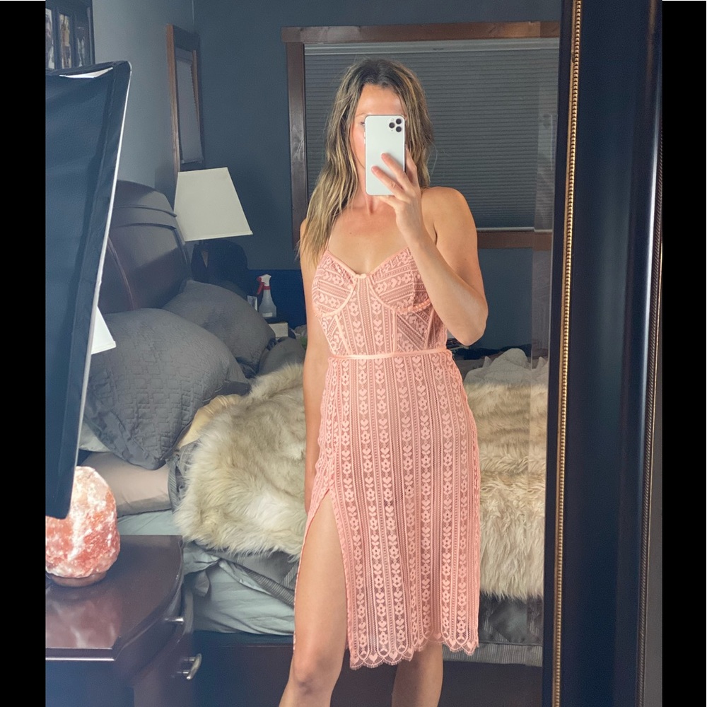 For Love & Lemons Dakota Lace Bustier Bodysuit Slit MIDI Dress in Peach,…